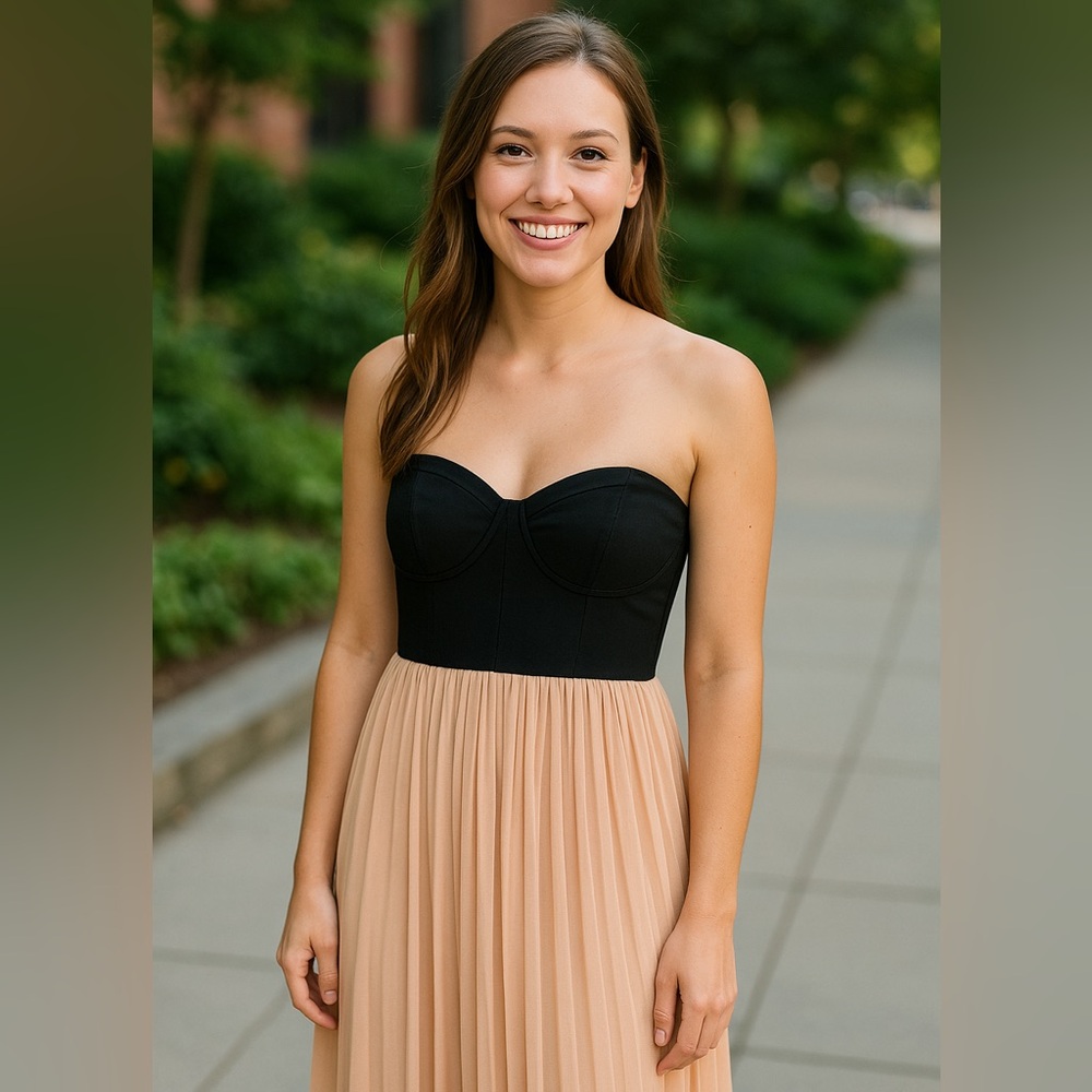 Reverse Black Faux Leather Bustier with Pink Pleated Skirt Dress - Size M